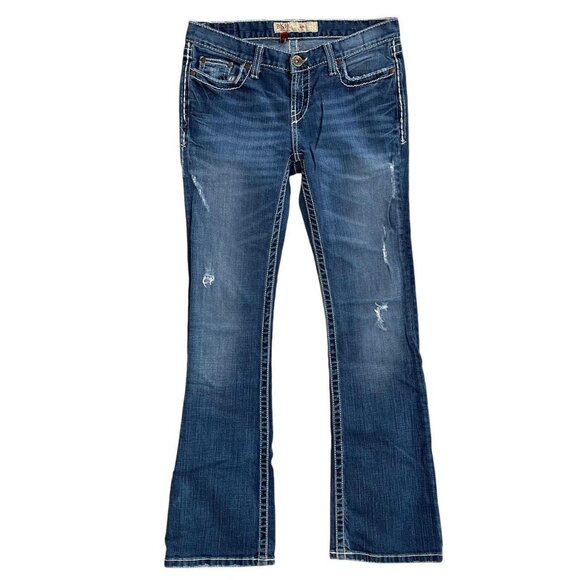 🌟 BKE Lexi Dark Wash Bootcut Distressed Jeans 29x31.5 Thick Stitch - Picture 1 of 8